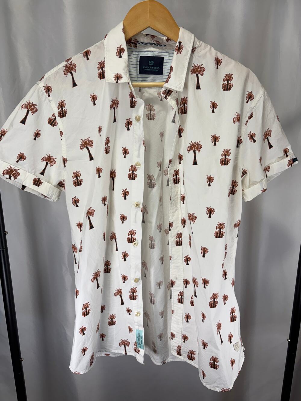 Scotch & Soda Men’s Large Palm Tree Print Short Sleeve Button Up Shirt White